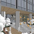 Modern Office Building With Glass Curtain Walls Outdoor Seating Green Lawn And Decorative Spheres