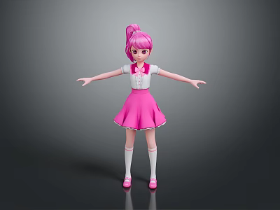 Cute Child With Pink Ponytail Hair White Top Pink Skirt And Open Arms 3d model