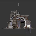 Industrial Interior With Arched Structures Metal Frames Wooden Crates And Brick Floor