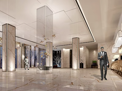 Modern Luxurious Hotel Lobby Interior With Marble Columns And Elegant Lighting 3d model