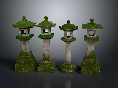 Moss Covered Traditional Japanese Stone Lanterns With Stone Bases And Classic Design 3d model