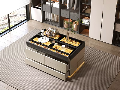 Walk in Closet Interior Design With Central Island Open Drawers And Storage Cabinets 3d model