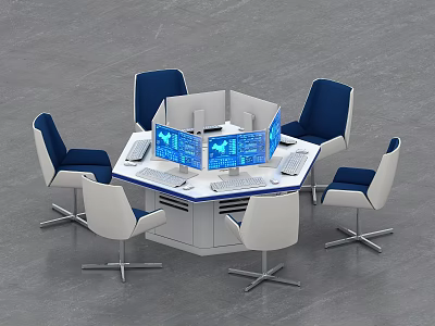 Modern Circular Office Desk With Multiple Computer Monitors And Blue White Chairs 3d model