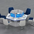 Modern Circular Office Desk With Multiple Computer Monitors And Blue White Chairs 3d model