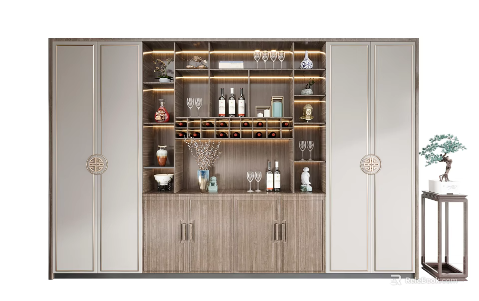 Elegant Modern Wine Cabinet Design With Wine Bottles Glasses Decorative Items And LED Lighting 3d model 