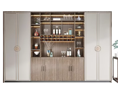 Elegant Modern Wine Cabinet Design With Wine Bottles Glasses Decorative Items And LED Lighting 3d model