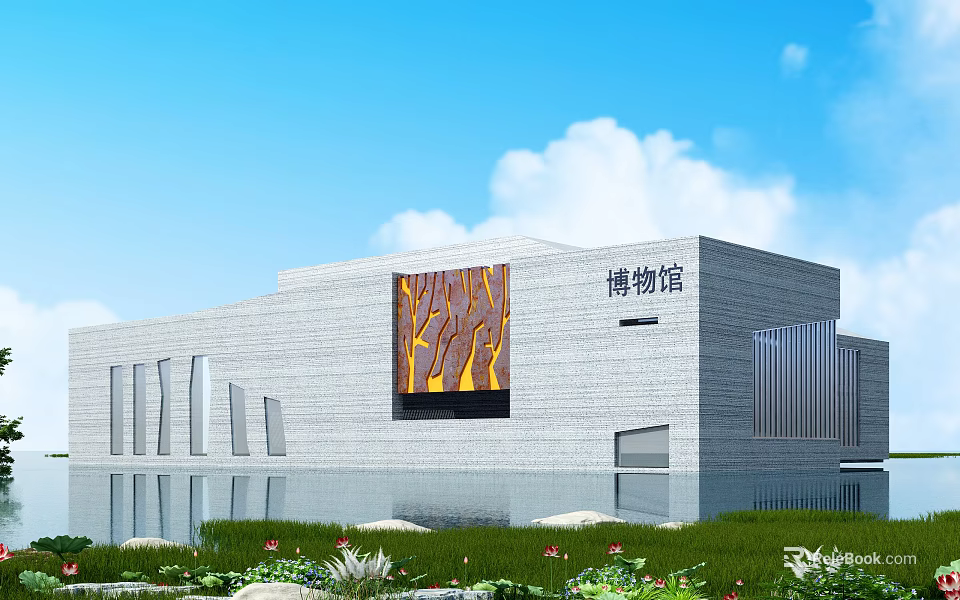 Modern Museum Building With Grey Stone Facade Tree Pattern Panel And Water Pool Reflection 3d model