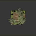 Charming Cartoon Rustic House Scene with Cypress Olive Trees Stone Wall Grass Lawn and Vines