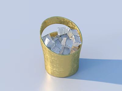 Golden Metallic Bucket Filled With Shiny Silver Cubes On Light Surface 3d model