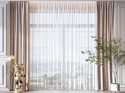 Beige Curtains with White Sheer Panels Scenic Window View Gold Figurine and Green Plant 3d model