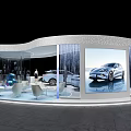 EHP Auto Show Booth With Two Blue Cars Display Screen Seats And Visitors
