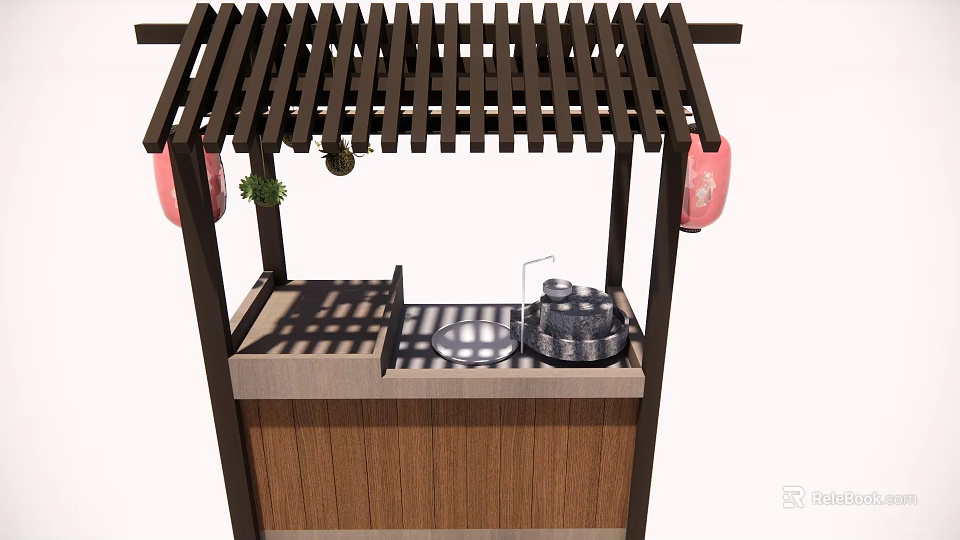 Traditional Japanese Outdoor Kitchen Stall With Wooden Lattice Roof Red Lanterns And Cooking Pot 3d model 