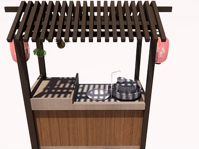 Traditional Japanese Outdoor Kitchen Stall With Wooden Lattice Roof Red Lanterns And Cooking Pot 3d model