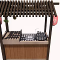 Traditional Japanese Outdoor Kitchen Stall With Wooden Lattice Roof Red Lanterns And Cooking Pot