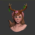 3D Woman Head Sculpture With Deer Antlers Pink Flowers And Green Leaves