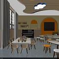 Bright Kindergarten Classroom with Cloud Shaped Lights Yellow Walls and White Round Tables