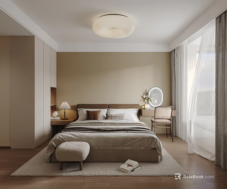 Cozy Modern Bedroom Interior With Bedside Table Lamp Dressing Table Mirror Rug And Wooden Floor 3d model 