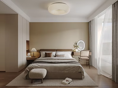 Cozy Modern Bedroom Interior With Bedside Table Lamp Dressing Table Mirror Rug And Wooden Floor 3d model