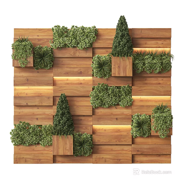 Green Living Feature Wall With Wooden Planks And Lush Plant Foliage Design 3d model 