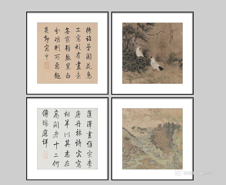 Traditional Chinese Classical Paintings Four Panels With Calligraphy And Landscape Scenes 3d model 