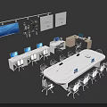 Modern Office Interior With Desks Laptops Whiteboards TV Screen And Ergonomic Chairs