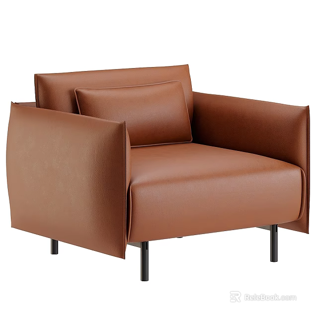 Brown Leather Single Sofa With Armrests Pillow And Black Legs Modern Design 3d model 