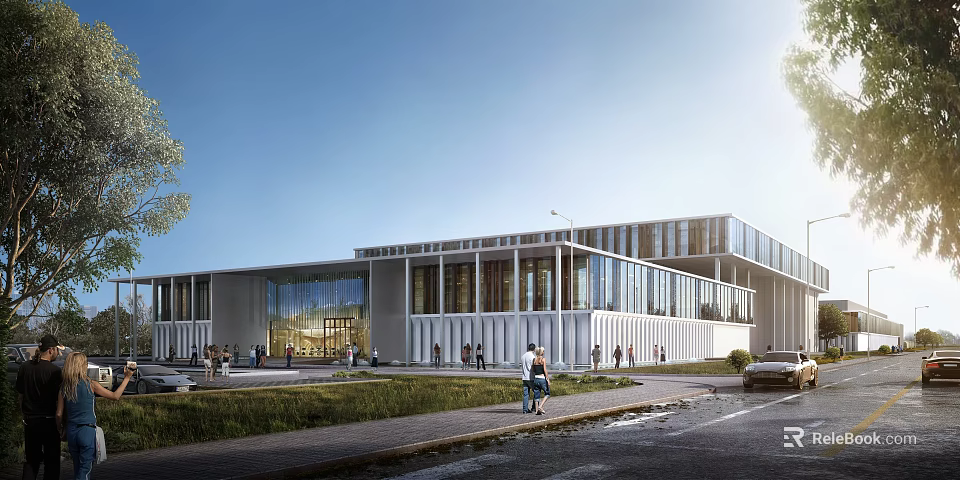 Modern Sports Stadium Building With Glass Facade Large Windows Lawn And Pedestrians 3d model 