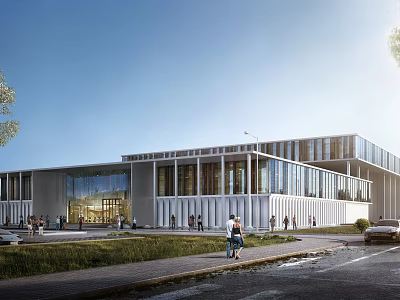 Modern Sports Stadium Building With Glass Facade Large Windows Lawn And Pedestrians 3d model