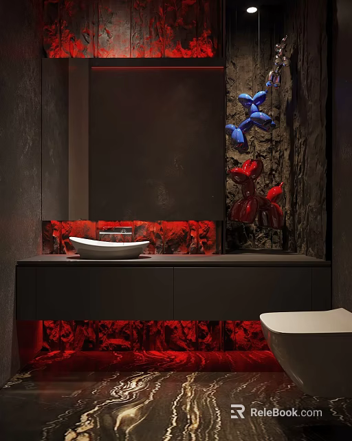 Modern Artistic Dark Tone Bathroom With Creative Decor Vessel Sink And Warm Red Ambient Lighting 3d model 