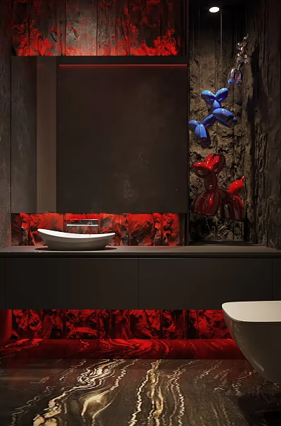 Modern Artistic Dark Tone Bathroom With Creative Decor Vessel Sink And Warm Red Ambient Lighting 3d model