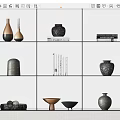 Ornamental Decorative Set with Vases Bowls and Books on White Grid Shelf