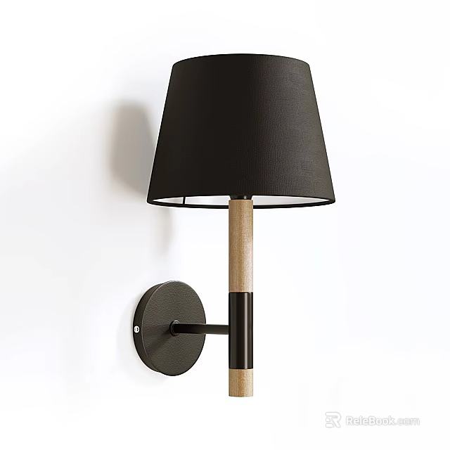 Black Lampshade Wall Lamp With Wooden Pole And Black Base Bracket For Modern Home Decor 3d model 