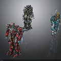 Three Colorful Mechanical Robots Red Gray Teal With Detailed Armor And Weapon