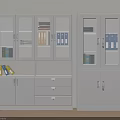 Gray Office File Cabinet With Glass Doors Drawers And Folders Inside