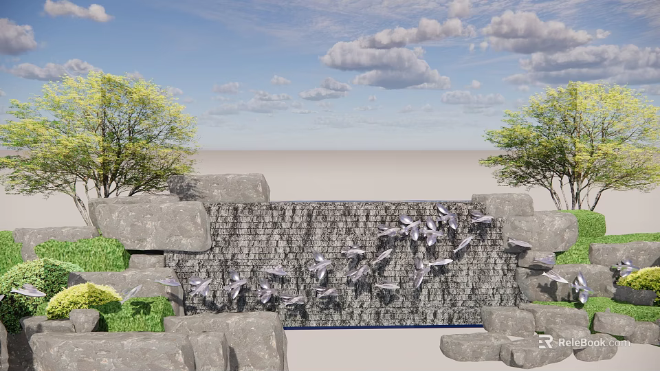 Natural Waterfall Wall Landscape With Rocks Trees and Cloudy Sky 3d model