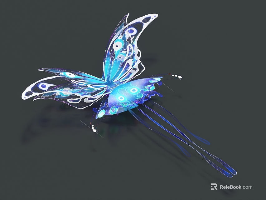Blue and White Glowing Butterfly with Intricate White Patterns Long Slender Tail Against Dark Background 3d model 
