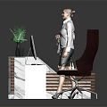 Modern Office Desk With Marble Top Wooden Panel Office Chair Potted Plant And Computer Monitor