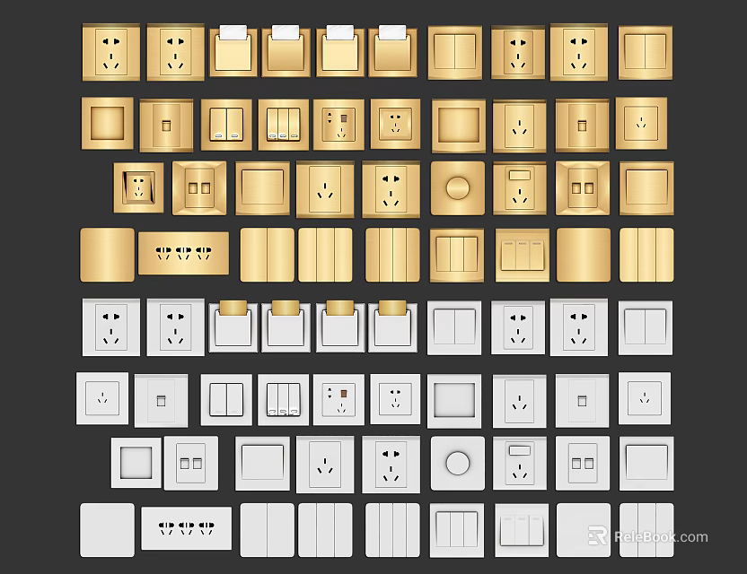 Different Style Gold And White Switch Panels With Modern Design For Home 3d model 