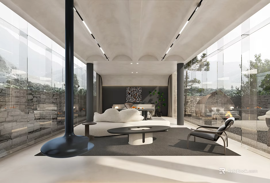 Modern Hotel Guest Room Interior With Open Layout Glass Walls Ceiling Lighting And Green Plants 3d model 
