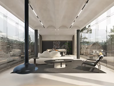 Modern Hotel Guest Room Interior With Open Layout Glass Walls Ceiling Lighting And Green Plants 3d model