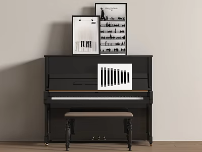 Black Piano with Framed Artwork and Wooden Bench in Modern Interior 3d model