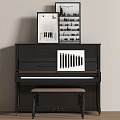 Black Piano with Framed Artwork and Wooden Bench in Modern Interior