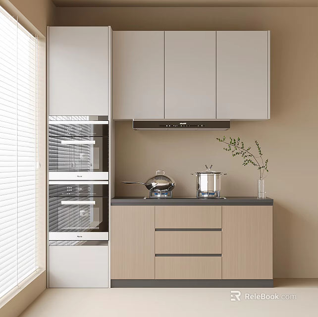 Modern Kitchen White Upper Light Wood Lower Cabinets Black Countertop Silver Pots Green Plant 3d model 