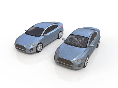 Two Blue Cars With One Featuring Cracked Windshield And Smooth Exterior Design 3d model