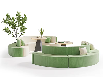Green Curved Banquette Sofa With Round Tables And Potted Plants In Living Space 3d model