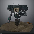 Robot Character And Mechanical Creature On Rocky Platform With Metal Arm Wheel And Orange Tool
