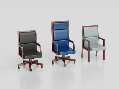 Office Chairs in Black Blue and Gray with Wooden Armrests and Wheel Bases 3d model