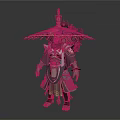 Mythical Warrior Figure with Ornate Green Gold Armor and Intricate Umbrella Canopy