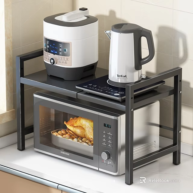 Practical Kitchen Shelf with Rice Cooker Electric Kettle Tablet and Microwave Oven with Food Inside 3d model 