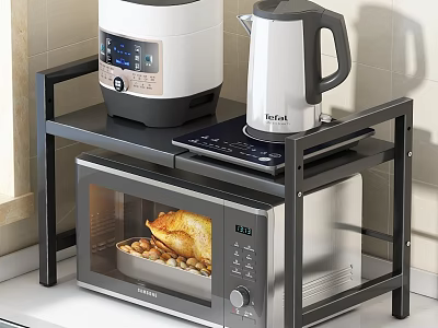 Practical Kitchen Shelf with Rice Cooker Electric Kettle Tablet and Microwave Oven with Food Inside 3d model